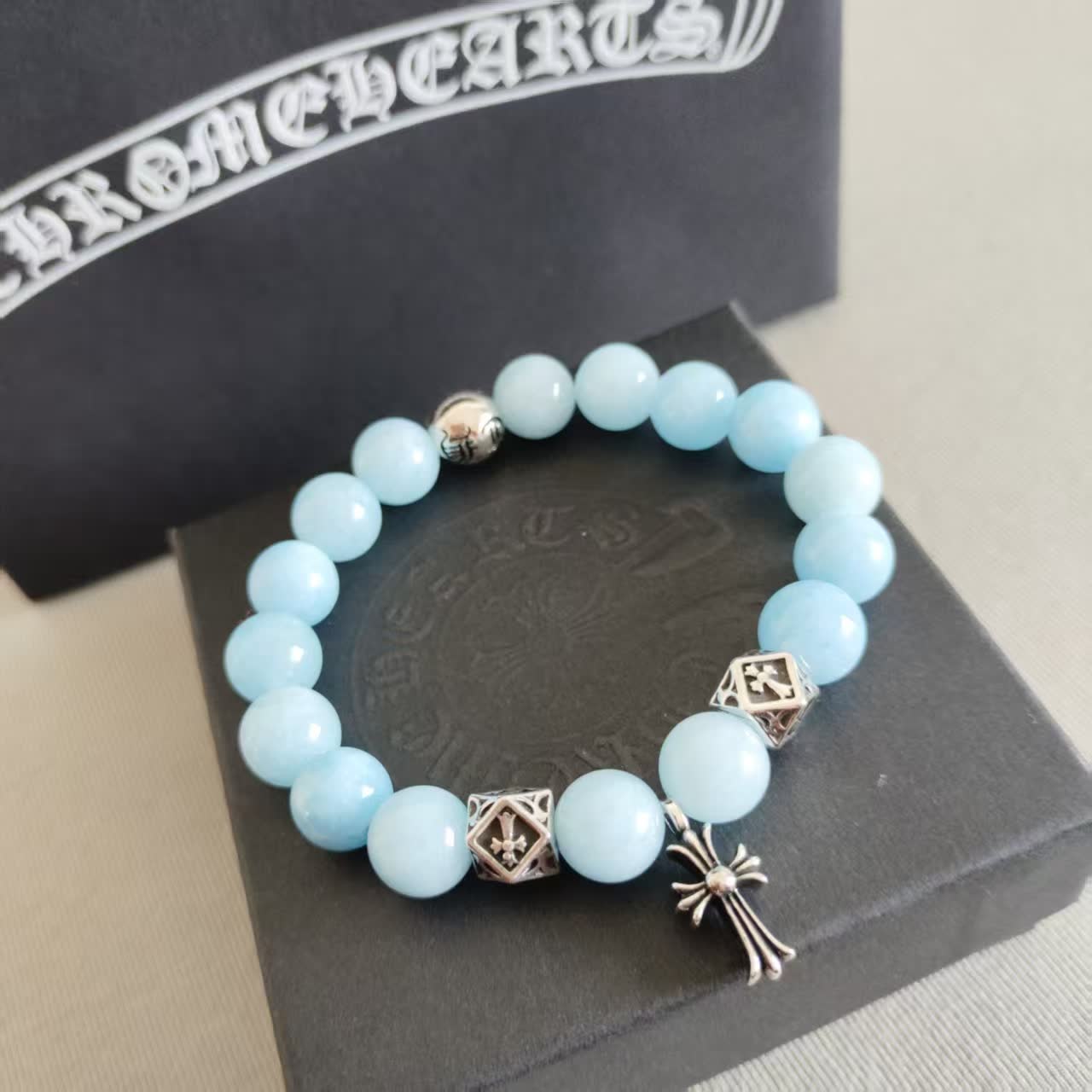 Chrome Hearts Chromecards Blue Beaded Bracelet with Cross Charm
